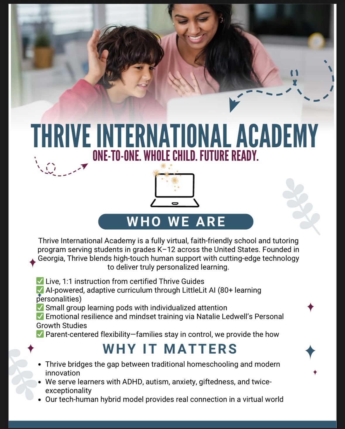 Thrive International Academy flyer: One-to-one. Whole child. Future ready.